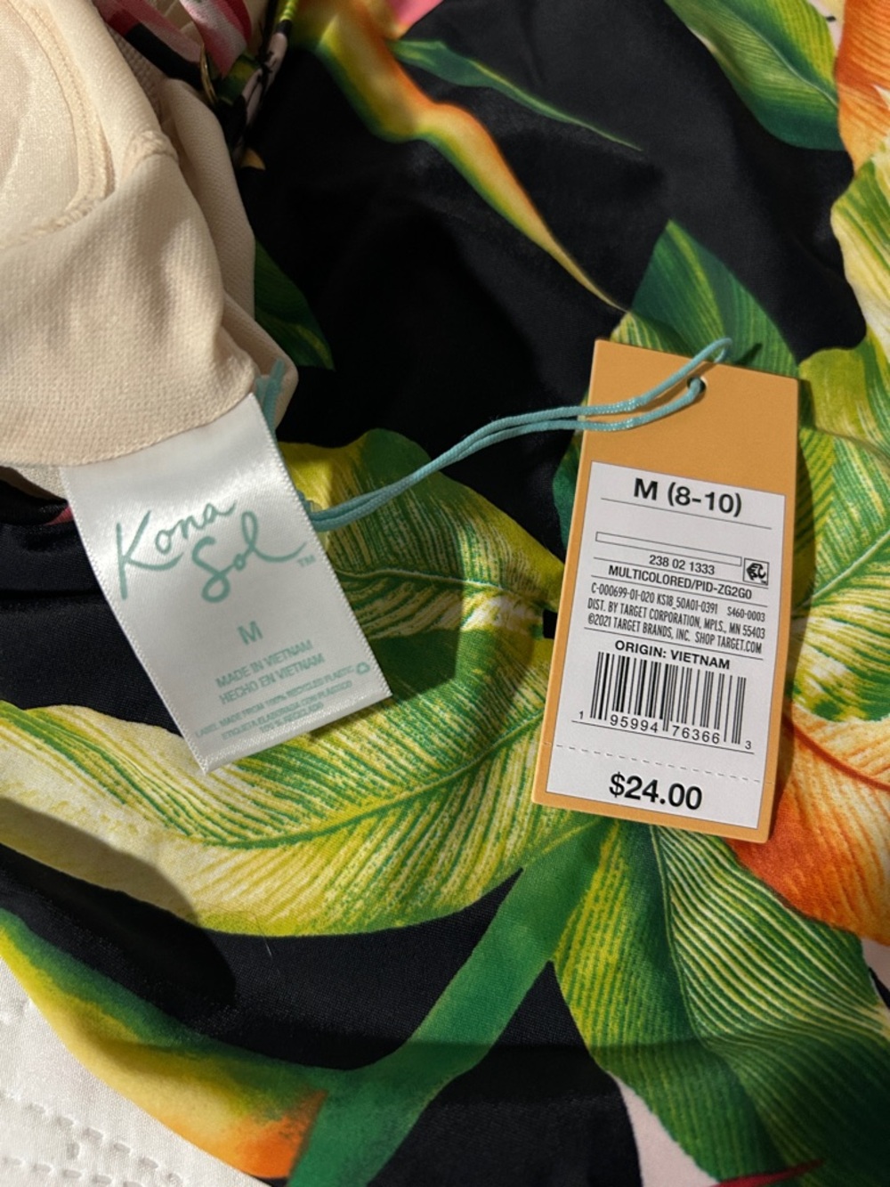 Kona Sol Black Tropical Print V-Neck Cami with Green, Yellow & Pink Leaves - Picture 4 of 4